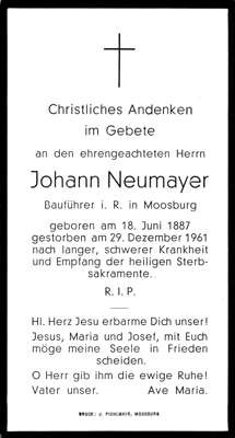 Sterbebildchen Johann Neumayer, *1887 †1961