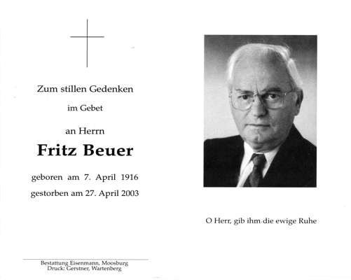 Sterbebildchen Fritz Beuer, *1916 2003