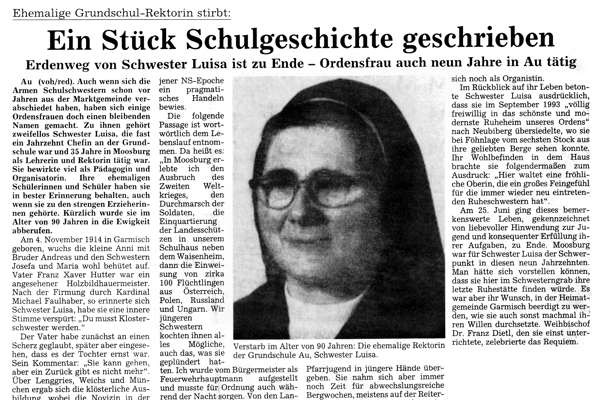 Nachruf Schwester Luisa (Anne Hutter), *1914 †2005