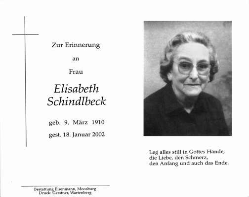 Sterbebildchen Elisabeth Schindlbeck, *1910 †2002