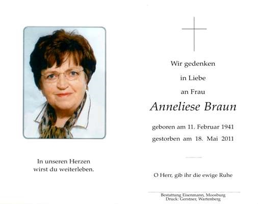 Sterbebildchen Anneliese Braun, *1941 †2011