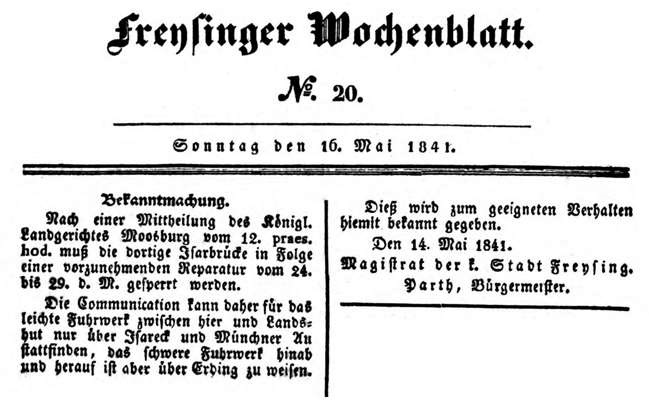 Bekanntmachung Sperrung der Isarbr�cke vom 24. bis 29. Mai 1841