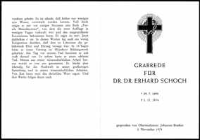 Grabrede fr Dr. med. Dr. rer. nat. Erhard Otto Schoch, *1895 †1974