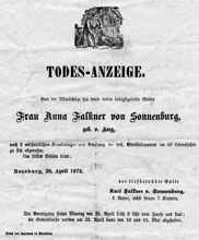 Todesanzeige Anna Falkner von Sonnenburg *1823 †1872