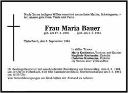 Todesanzeige Maria Bauer, *1906 †1984