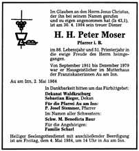 Todesanzeige H.H. Peter Moser, *1896 †1984