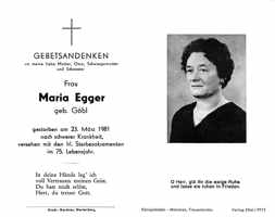 Sterbebildchen Maria Egger, *1906 †1981
