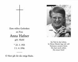 Sterbebildchen Anna Hafner, *1921 †1996