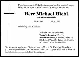 Todesanzeige Michael Hiebl, *1913 †1999