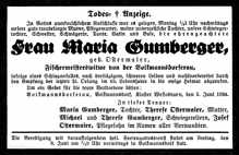 Todesanzeige Maria Gumberger *1885 †1934
