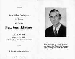 Sterbebildchen Franz Xaver Schwanner, *1924 †1981