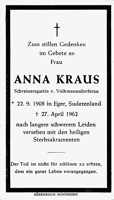 Sterbebildchen Anna Kraus, *1908 †1962