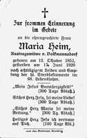 Sterbebildchen Maria Heim, 1920