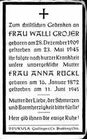 Sterbebildchen Walli Grojer, *1909 †1945 - Anna Rckl, *1872 †1945