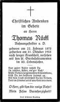 Sterbebildchen Thomas R�ckl, *1873 †1955