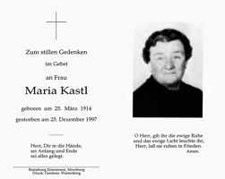 Sterbebildchen Maria Kastl, *1914 †1997