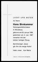 Sterbebildchen Hans Birnkammer, *1895 †1967