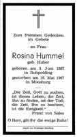 Sterbebildchen Rosina Hummel, *1887 †1967