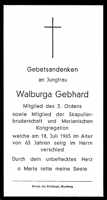 Sterbebildchen Walburga Gebhard, *1902 †1965