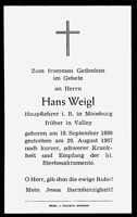 Sterbebildchen Hans Weigl, *1890 †1967