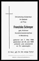 Sterbebildchen Franziska Schreyer, *1899 †1968