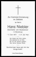 Sterbebildchen Hans Niebler, *09.06.1877 †21.07.1961