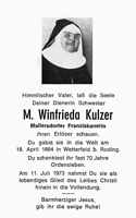 Sterbebildchen M. Winfrieda Kulzer, *18.04.1884 †11.07.1973