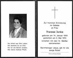 Sterbebildchen Therese Janke, *14.01.1918 †03.05.1974