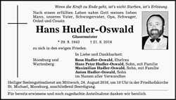 Todesanzeige Hans Hudler-Oswald, *29.09.1943 †21.08.2016