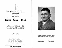 Sterbebildchen Franz Xaver Blasi, *08.01.1905 †18.04.1976