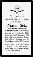 Sterbebildchen Maria Setz, *05.09.1892 †20.12.1918