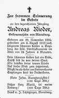 Sterbebildchen Andreas Rieder, *29.11.1895 †08.08.1910