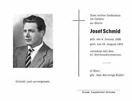 Sterbebildchen Josef Schmid, *04.01.1926 †16.08.1975