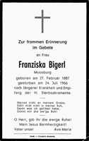Sterbebildchen Franziska Bigerl, *27.02.1887 †24.07.1966