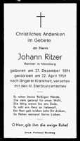 Sterbebildchen Johann Ritzer, *27.12.1894 †22.04.1959