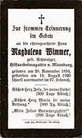 Sterbebildchen Magdalena Wimmer, *28.11.1893 †14.08.1920