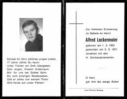 Sterbebildchen Alfred Lackermaier, *01.02.1954 †05.08.1971