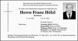 Todesanzeige Franz Hölzl, *01.09.1927 †13.05.2017