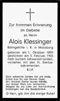 Sterbebildchen Alois Klessinger, *01.10.1899 †03.02.1965