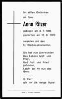 Sterbebildchen Anna Ritzer, *08.07.1896 †16.06.1970