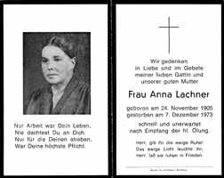 Sterbebildchen Anna Lachner, *24.11.1905 †07.12.1973