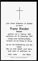 Sterbebildchen Franz Rieder, *04.02.1902 †16.12.1973