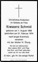 Sterbebildchen Kreszenz Schmid, *01.08.1899 †21.02.1974