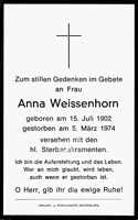 Sterbebildchen Anna Weissenhorn, *15.07.1902 †05.03.1974