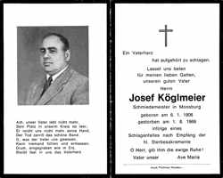 Sterbebildchen Josef Kglmeier, *06.01.1906 †01.08.1969