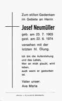 Sterbebildchen Josef Neumller, *23.07.1903 †22.06.1974