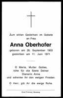 Sterbebildchen Anna Oberhofer, *26.09.1903 †11.06.1971