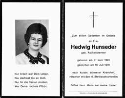 Sterbebildchen Hedwig Hunseder, *07.06.1923 †19.07.1970