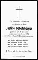 Sterbebildchen Justine Gebetsberger, *01.11.1897 †23.06.1972