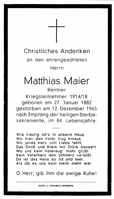 Sterbebildchen Matthias Maier, *27.01.1882 †12.12.1965